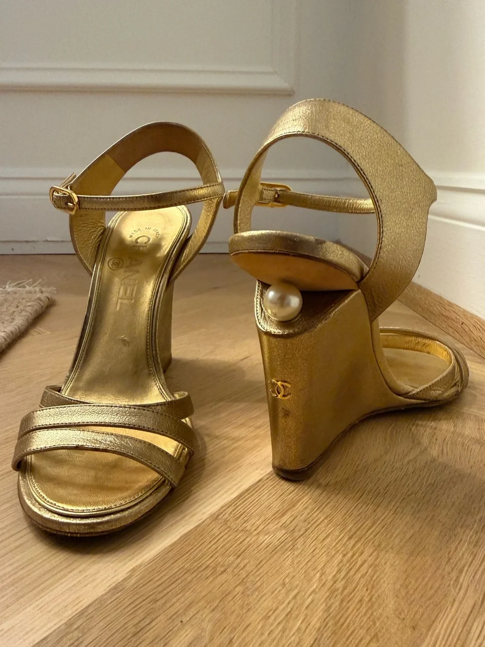 Chanel Metallic Gold Wedge Pearl Sandal 37